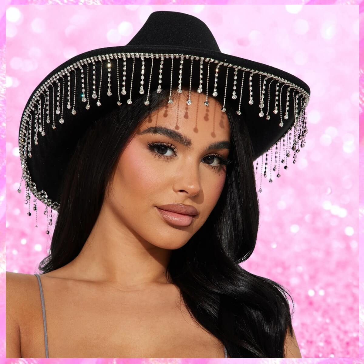 Fringe Rhinestone Cowboy Hat In Black