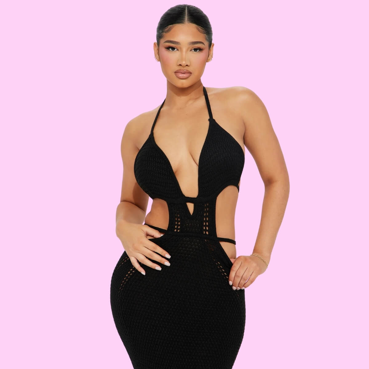 Crochet Plunging Maxi Dress In Black
