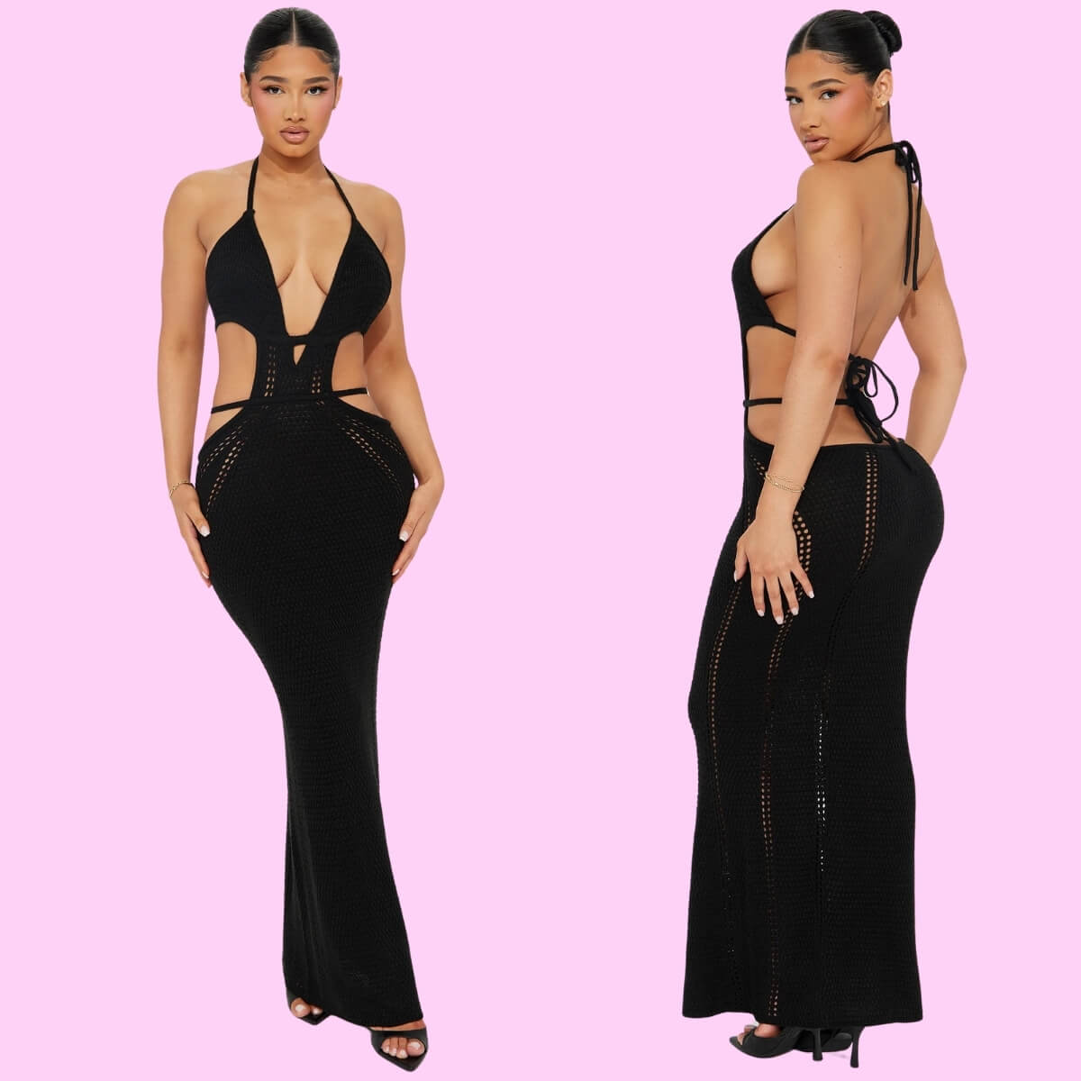 Crochet Plunging Maxi Dress In Black