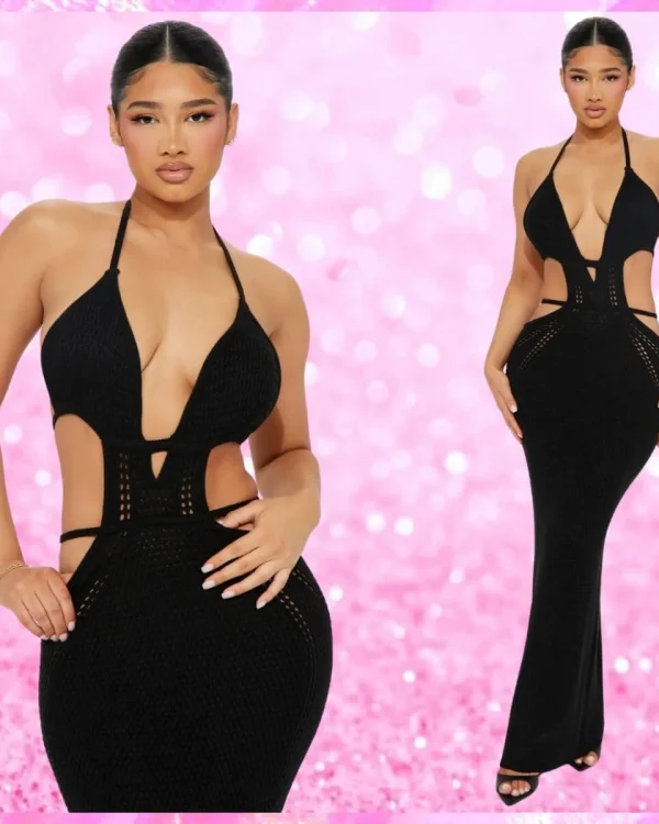 Crochet Plunging Maxi Dress In Black