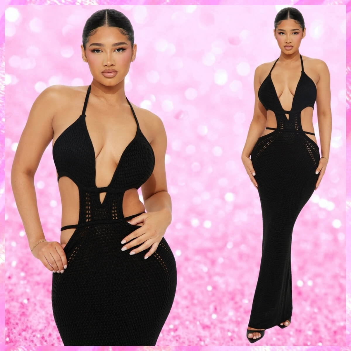 Crochet Plunging Maxi Dress In Black