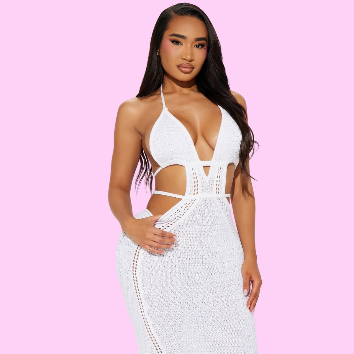 Crochet Plunging Maxi Dress In White
