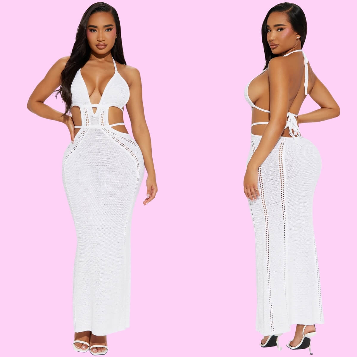 Crochet Plunging Maxi Dress In White