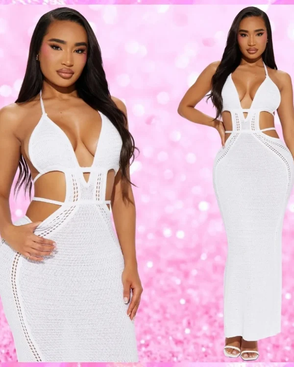 Crochet Plunging Maxi Dress In White