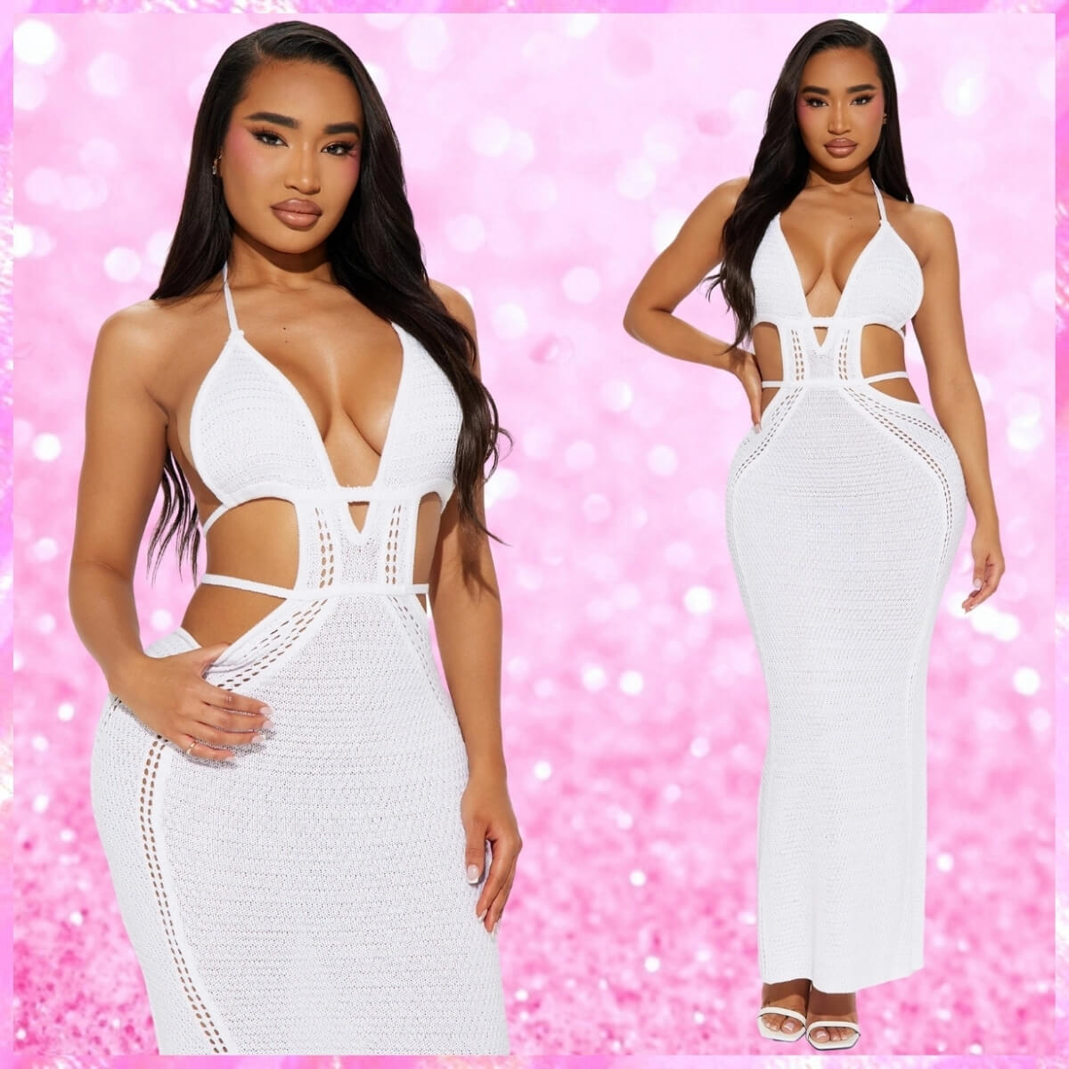 Crochet Plunging Maxi Dress In White