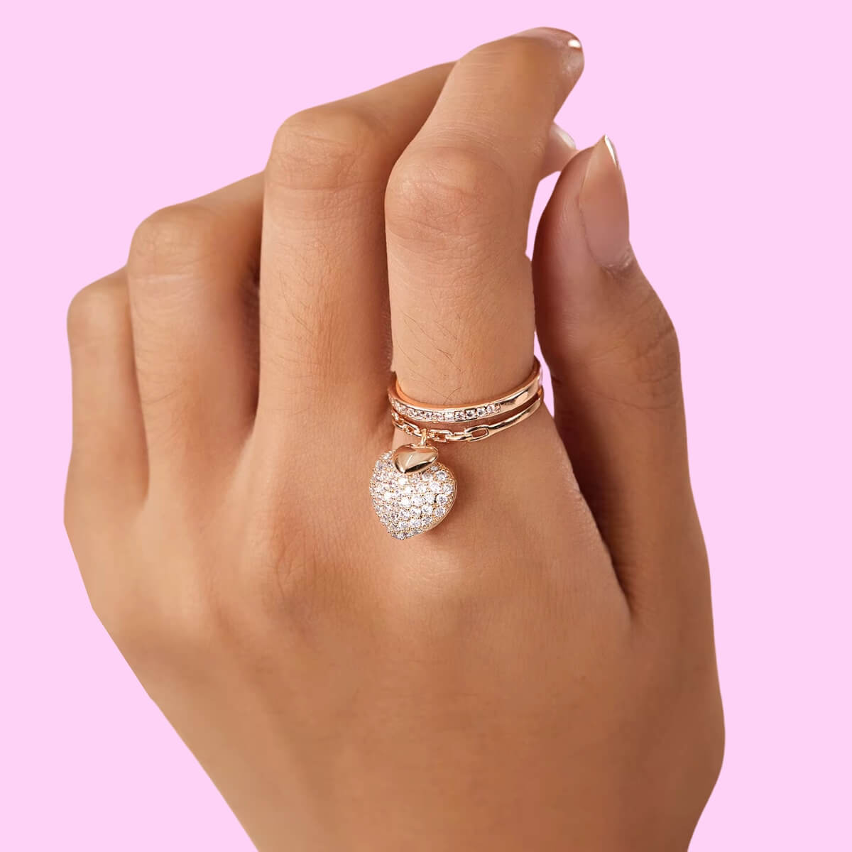 Crystal Dangle Heart Charms Adjustable Ring