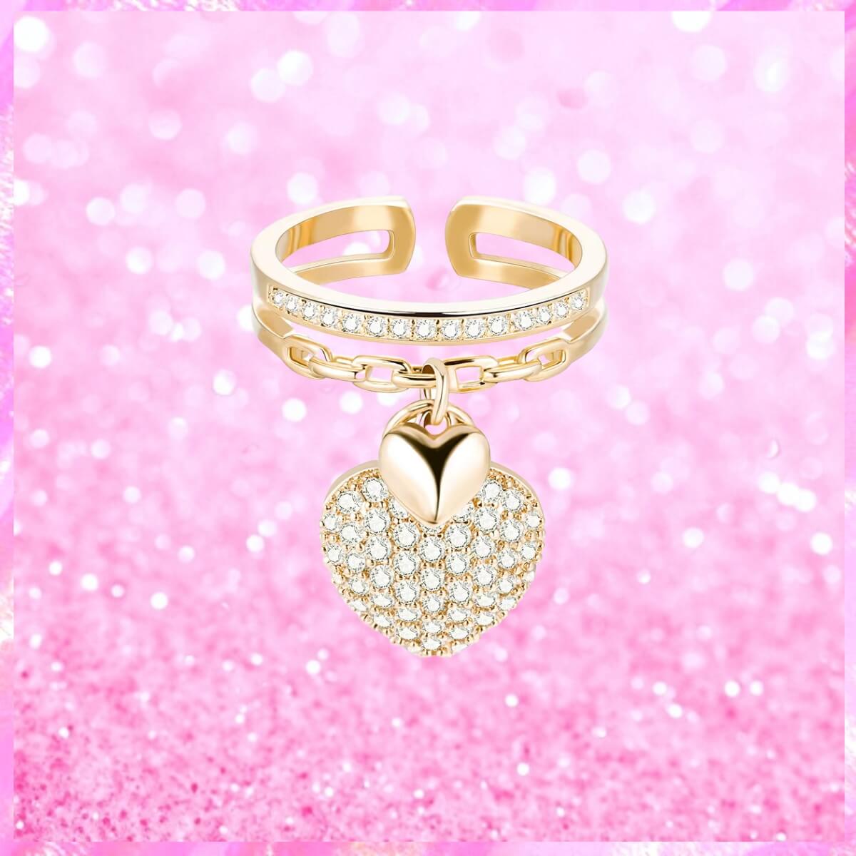 Crystal Dangle Heart Charms Adjustable Ring