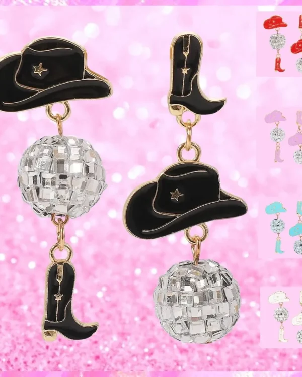 Disco Ball Cowboy Hat Cowboy Boots Earrings