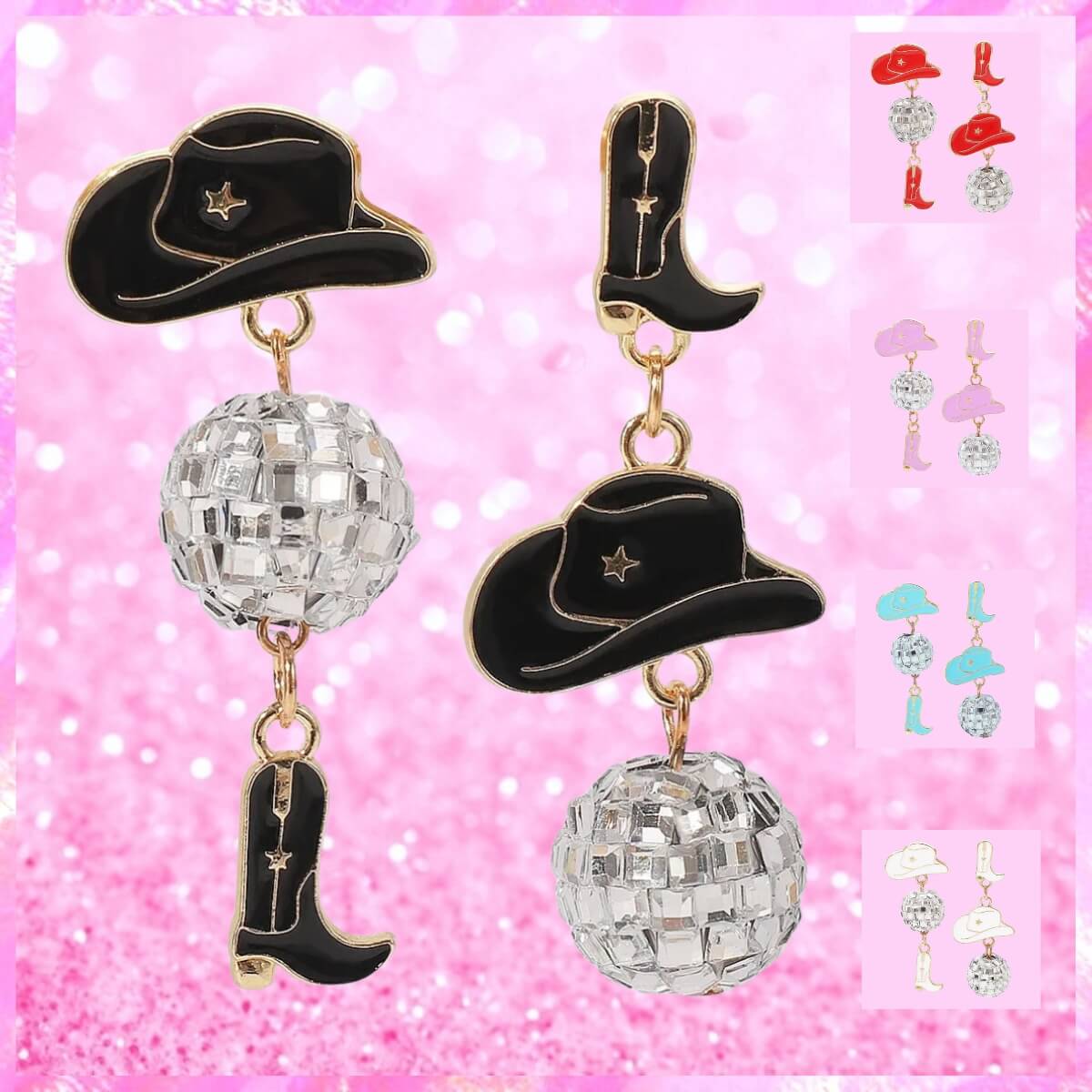 Disco Ball Cowboy Hat Cowboy Boots Earrings