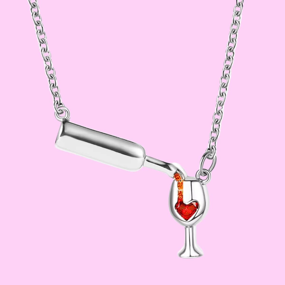 Heart Wine Glass & Bottle Necklace In Silver