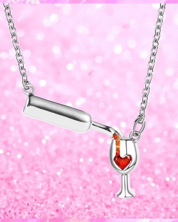 Heart Wine Glass & Bottle Necklace In Silver