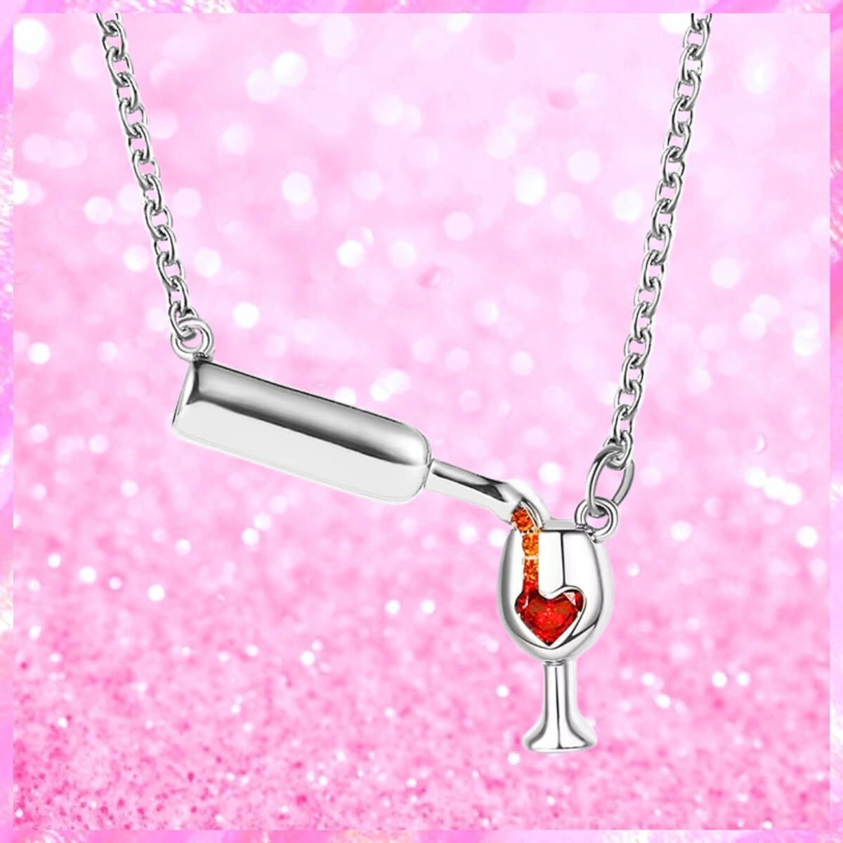 Heart Wine Glass & Bottle Necklace In Silver