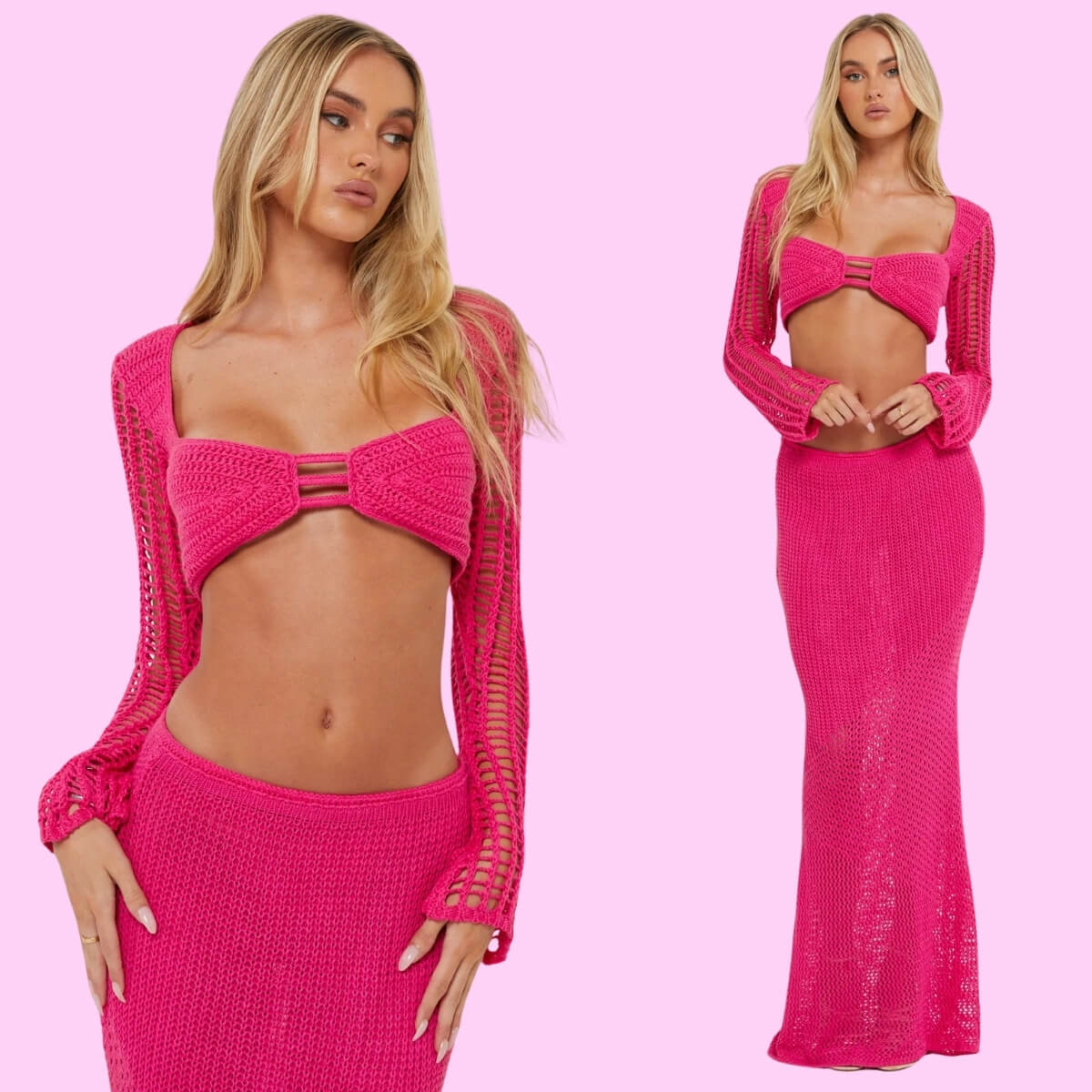 Knit Long Sleeve Crop Top Maxi Beach Dress