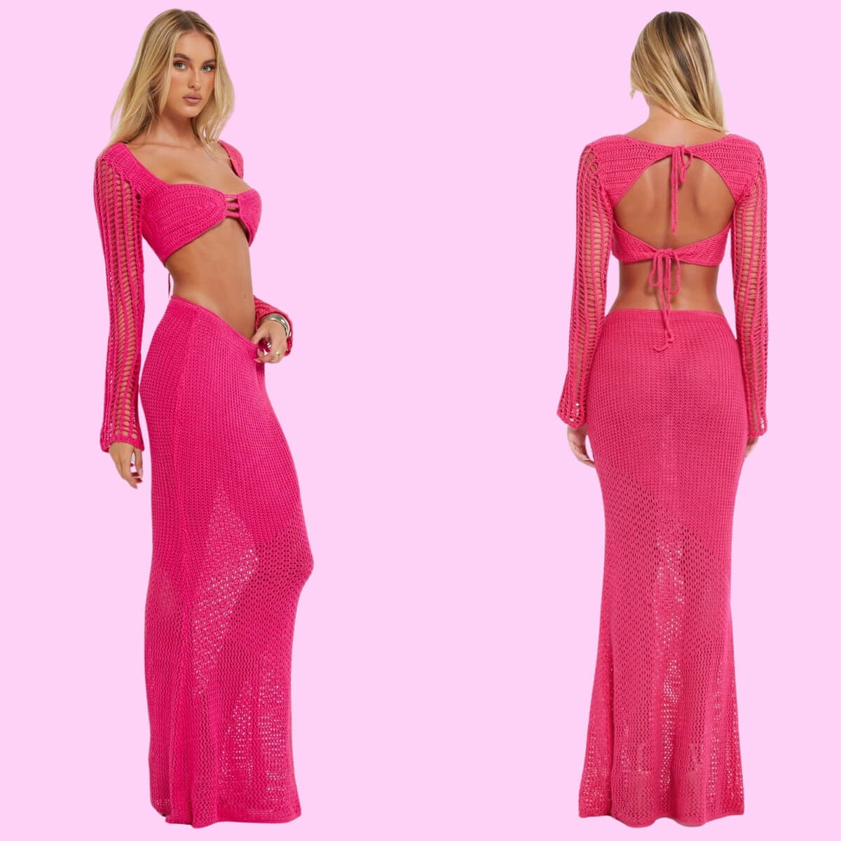 Knit Long Sleeve Crop Top Maxi Beach Dress