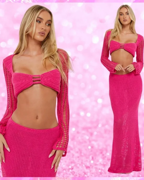 Knit Long Sleeve Crop Top Maxi Beach Dress