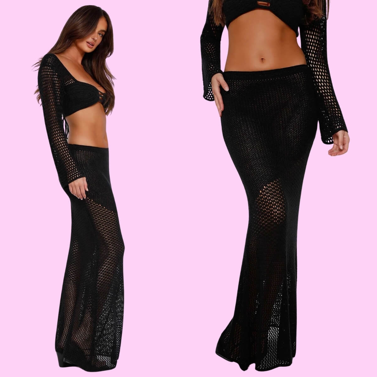 Knit Long Sleeve Crop Top Maxi Beach Dress In Black