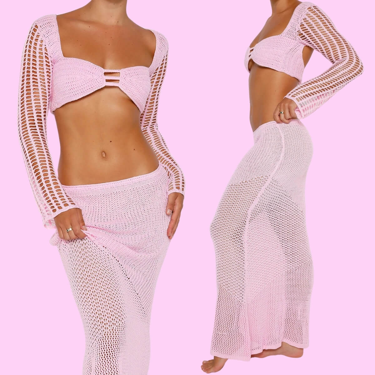 Knit Long Sleeve Crop Top Maxi Beach Dress In Pink
