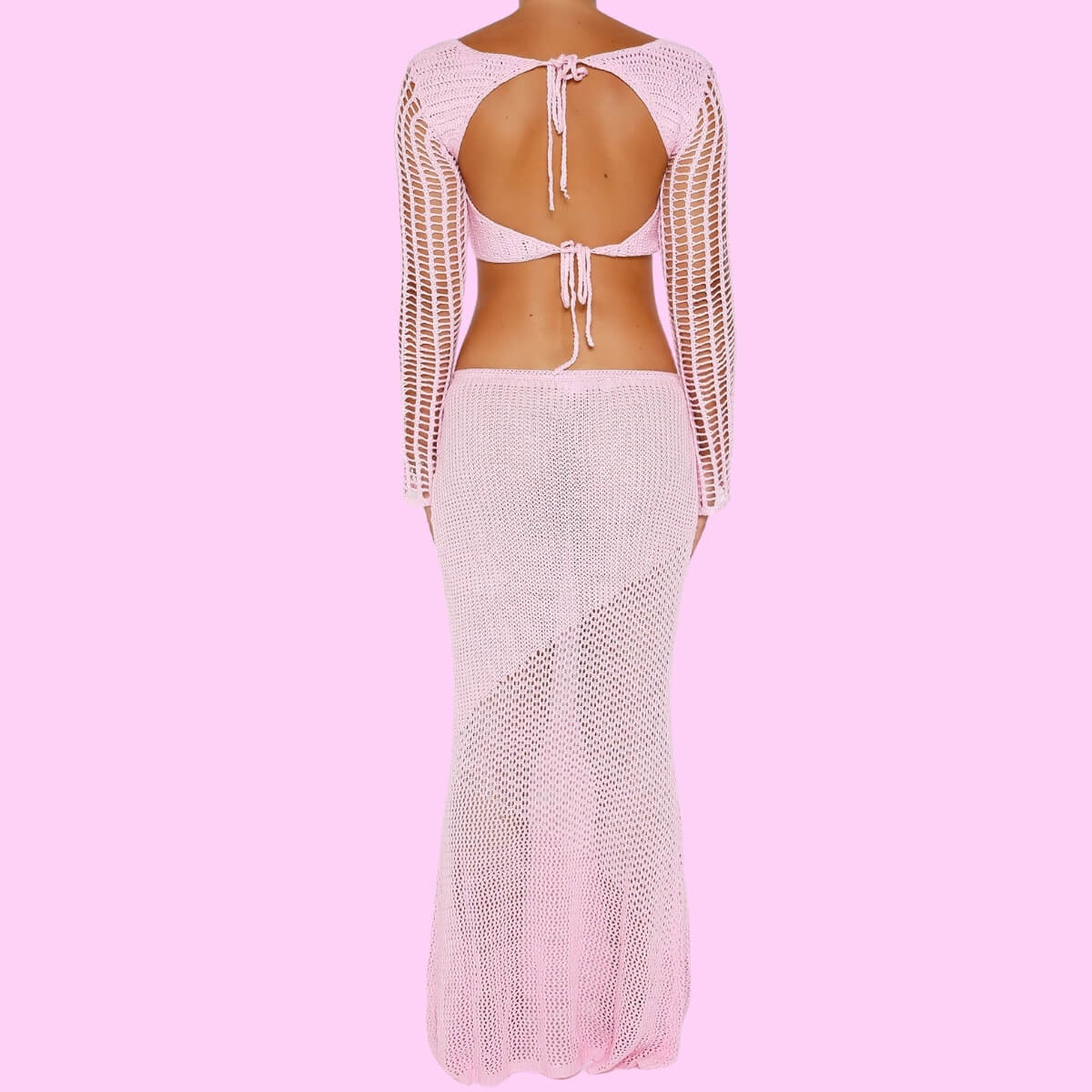 Knit Long Sleeve Crop Top Maxi Beach Dress In Pink