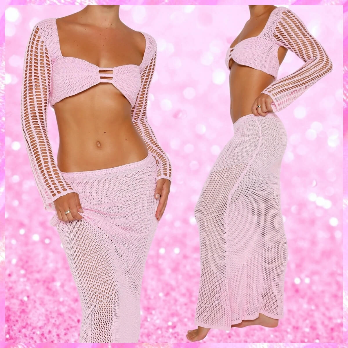 Knit Long Sleeve Crop Top Maxi Beach Dress In Pink