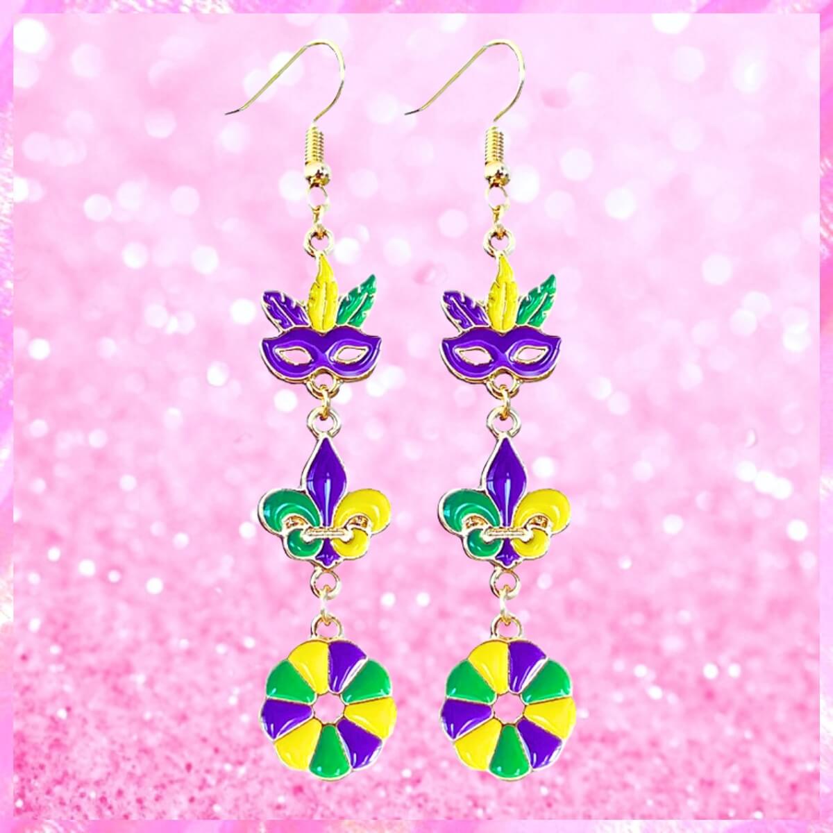 Mardi Gras Mask & Crown Dangle Earrings