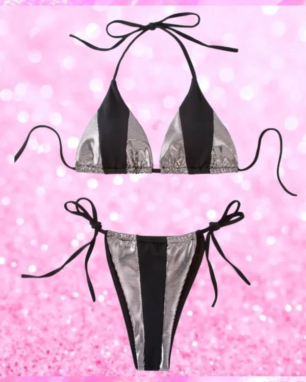Metallic Halter Bikini In Silver/Black