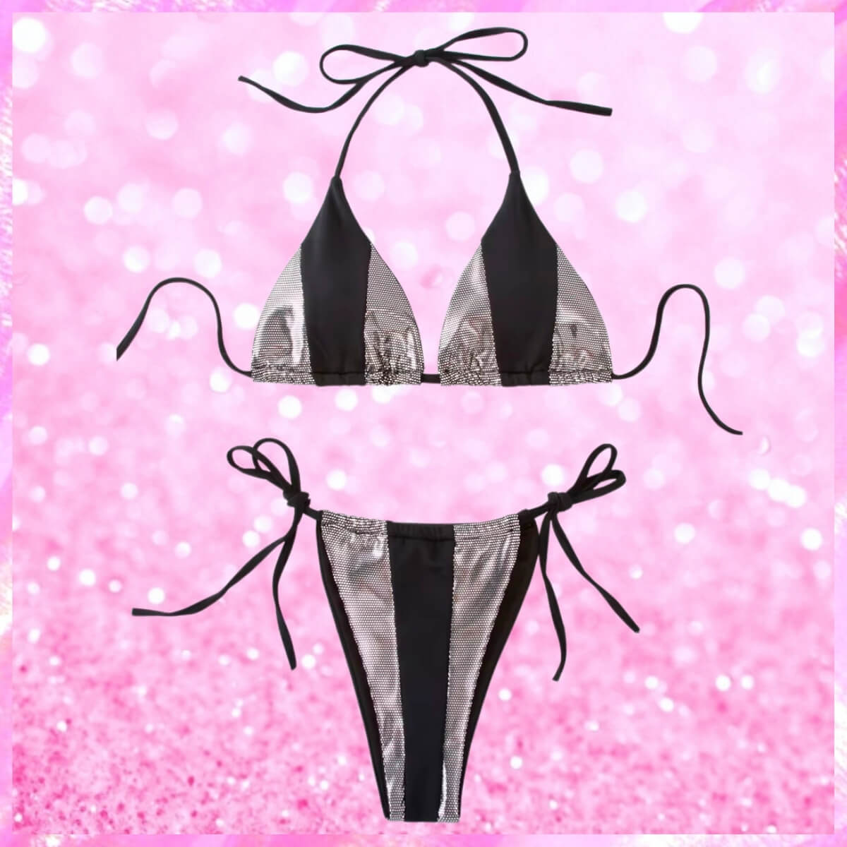Metallic Halter Bikini In Silver/Black