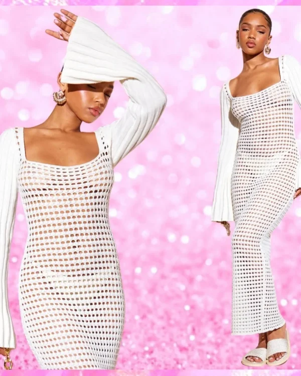 Open Crochet Scoop Neck Maxi Dress