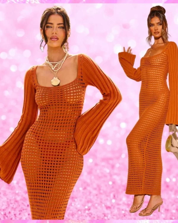 Open Crochet Scoop Neck Maxi Dress In Rust
