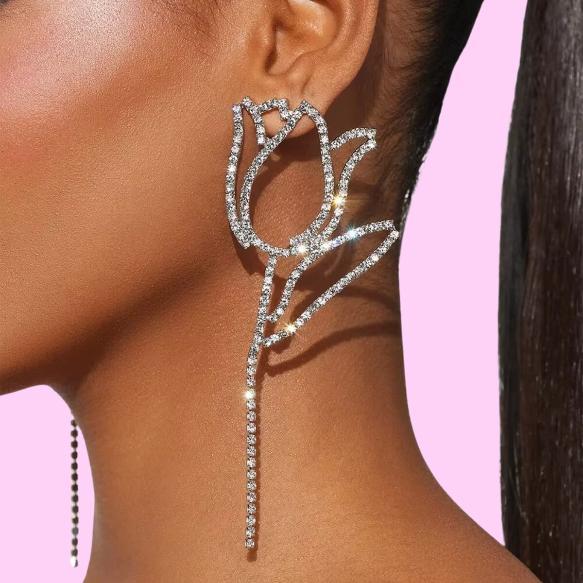 Rhinestones Dangling Rose Earrings
