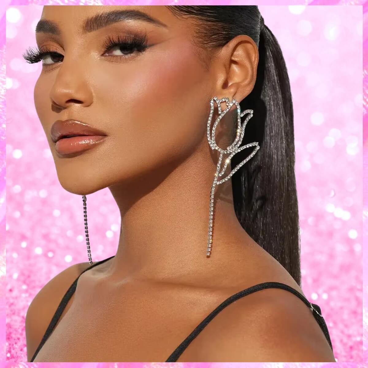 Rhinestones Dangling Rose Earrings