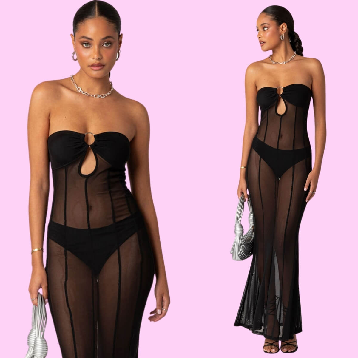 See-Through Cutout Mermaid Strapless Beach Dress In Black