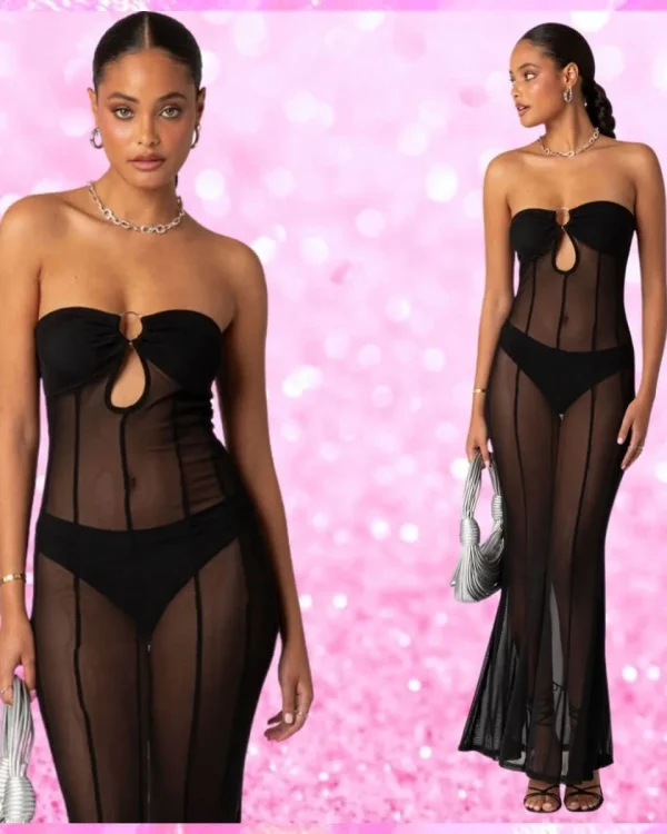 See-Through Cutout Mermaid Strapless Beach Dress In Black