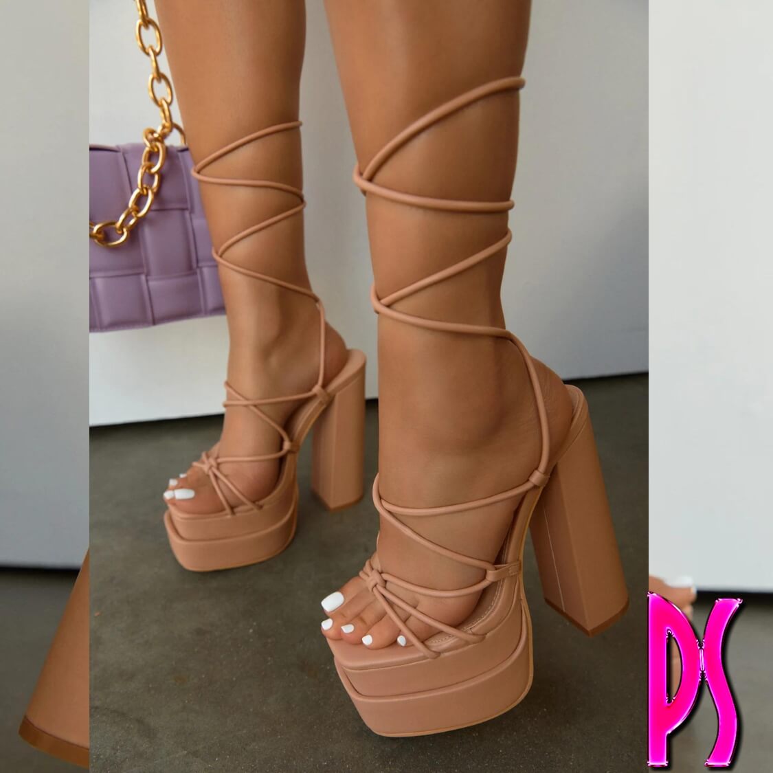 Beige Lace Up Platform Block High Heels