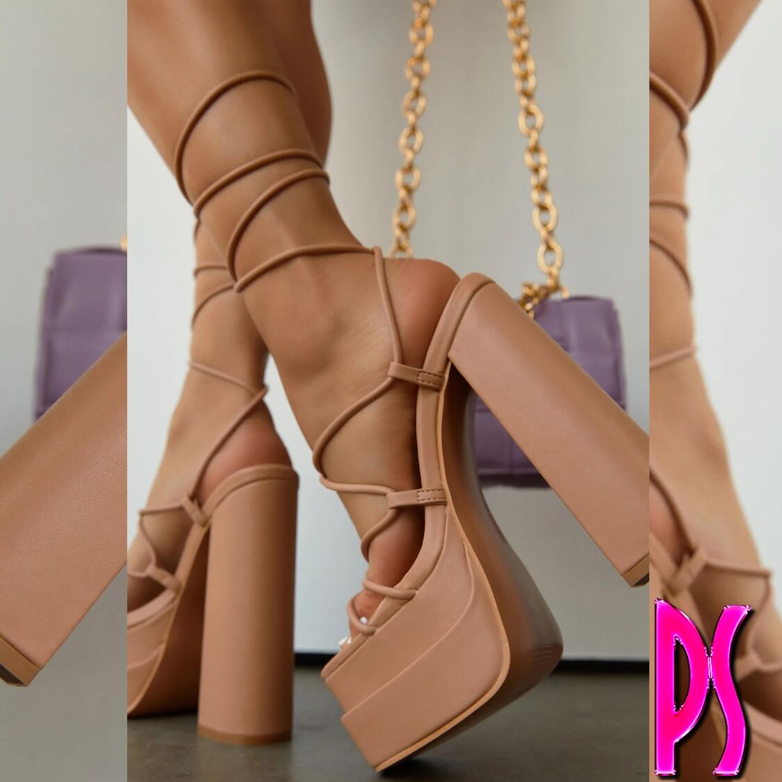 Beige Lace Up Platform Block High Heels