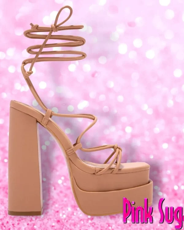 00 Beige Lace Up Platform Block High Heels