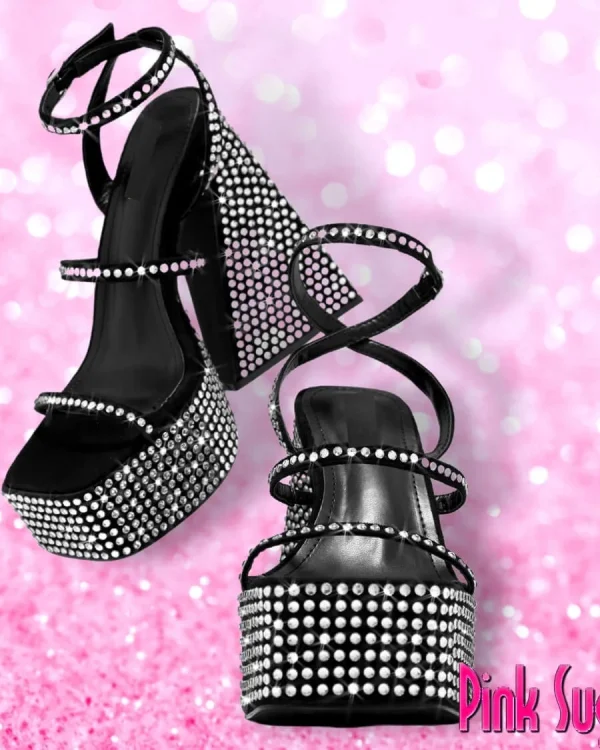 00 Black Block Heel Diamond Heels