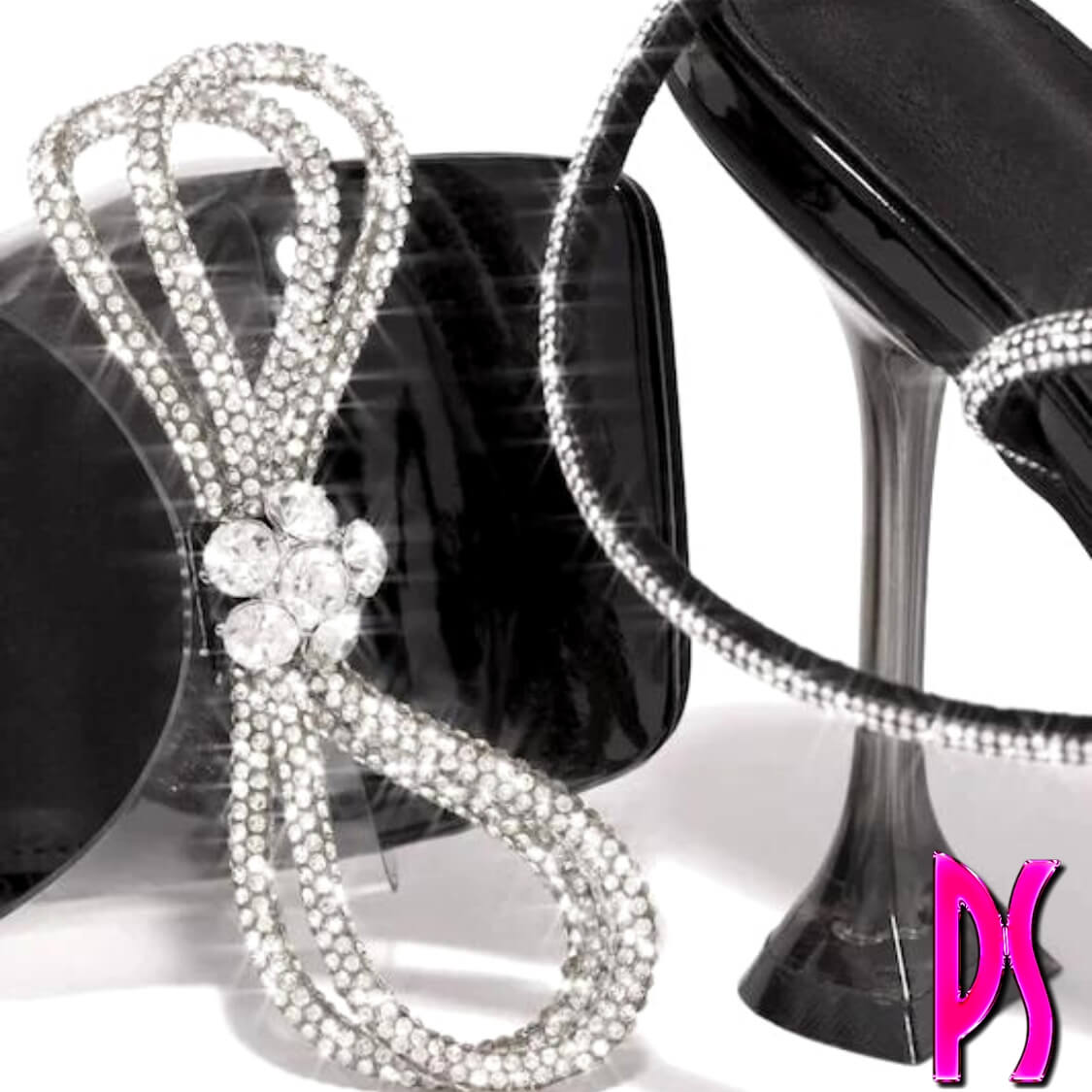 Black Embellished Bow Strap High Heels