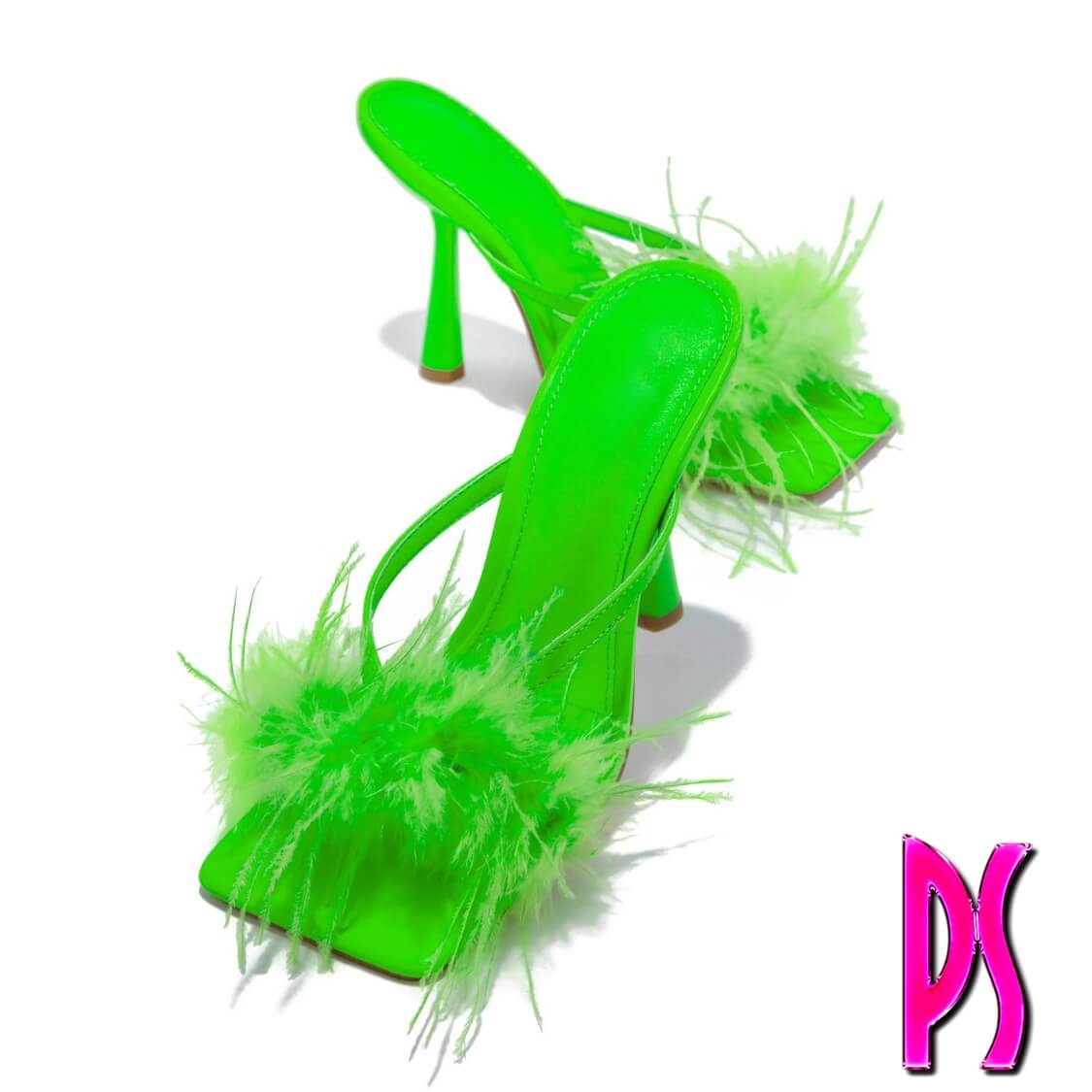 Faux Feather Fur High Heel Mules