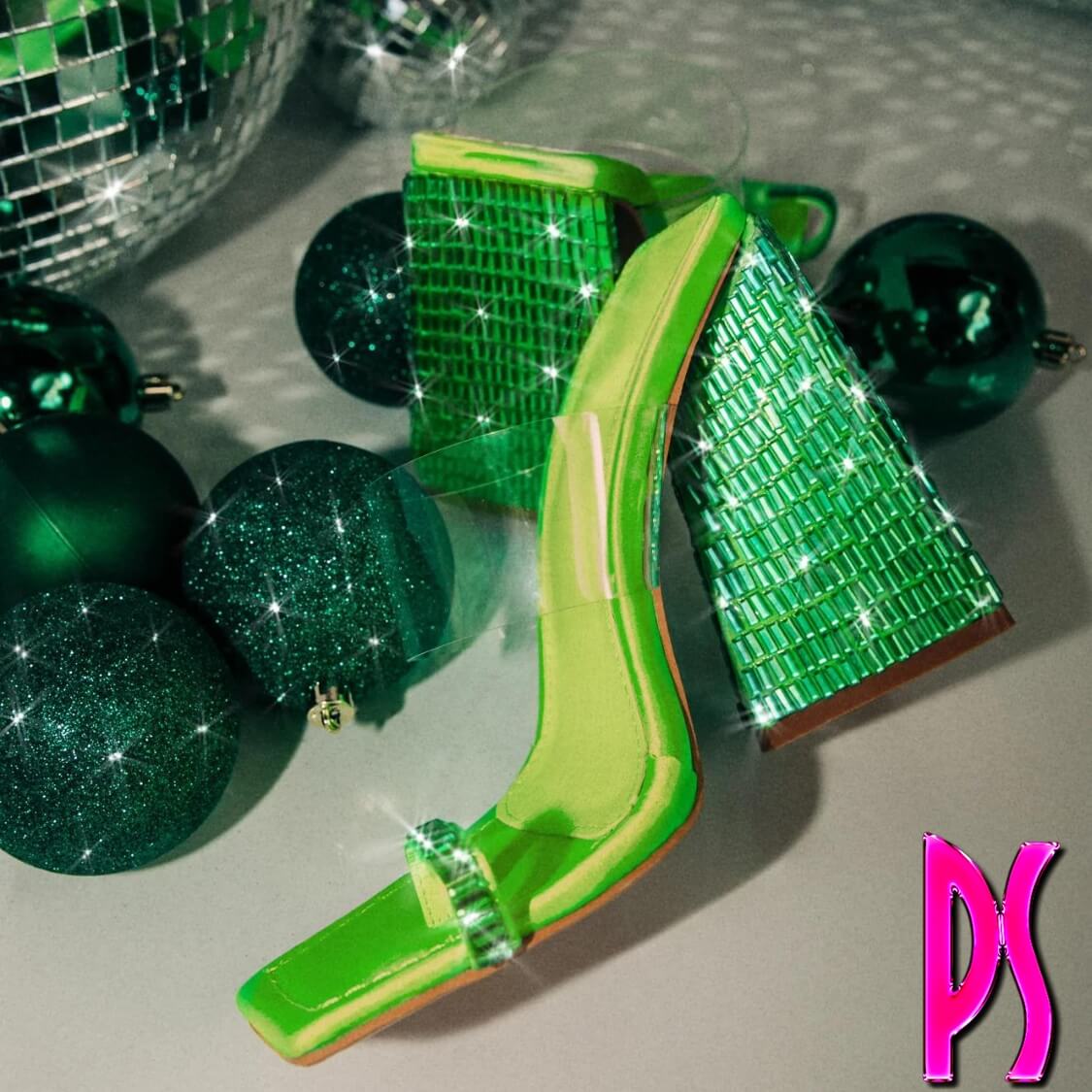 Green Clear Strap Triangle Embellished Heels