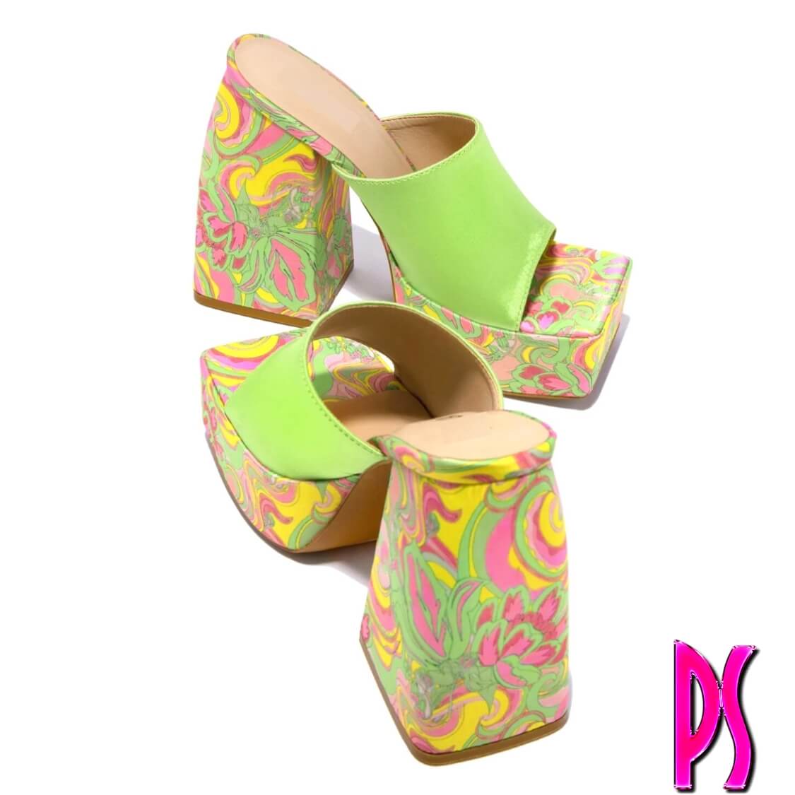 Green Platform Block Heel Mules