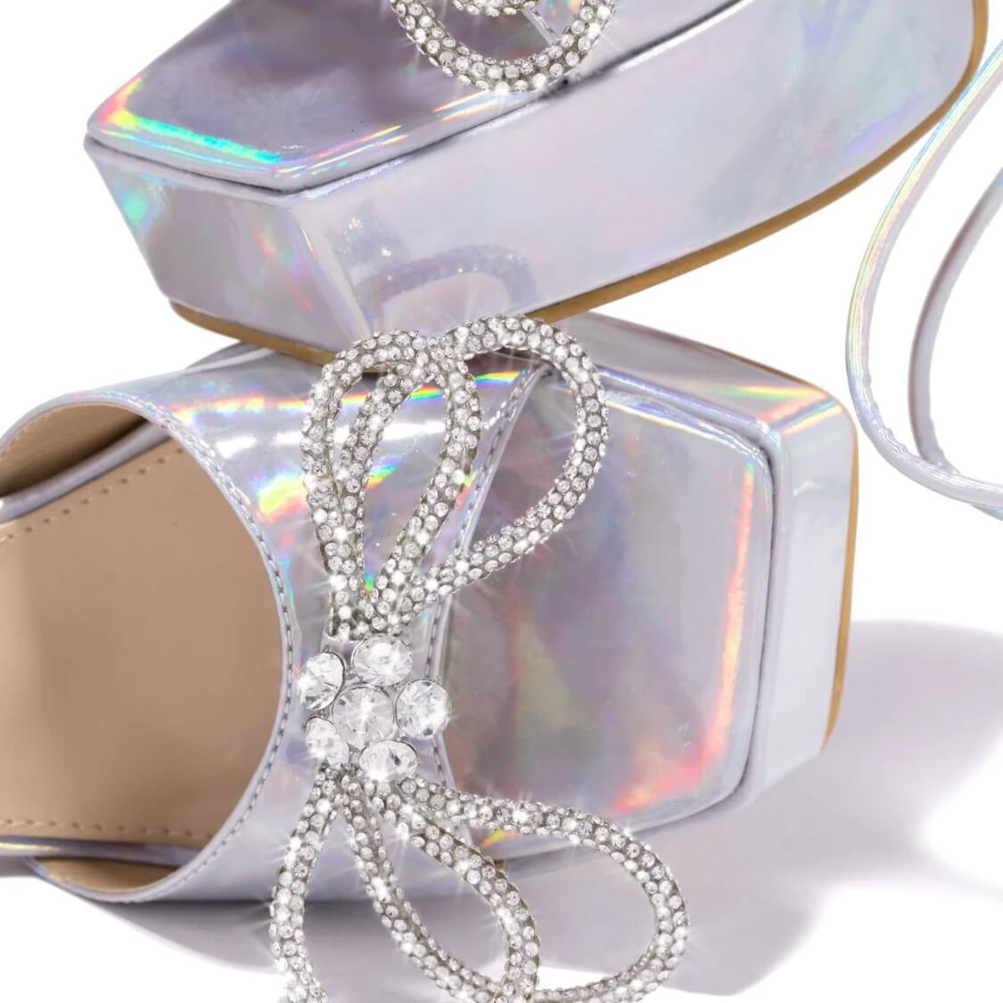 Lace Up Embellished Bow Platform Heels