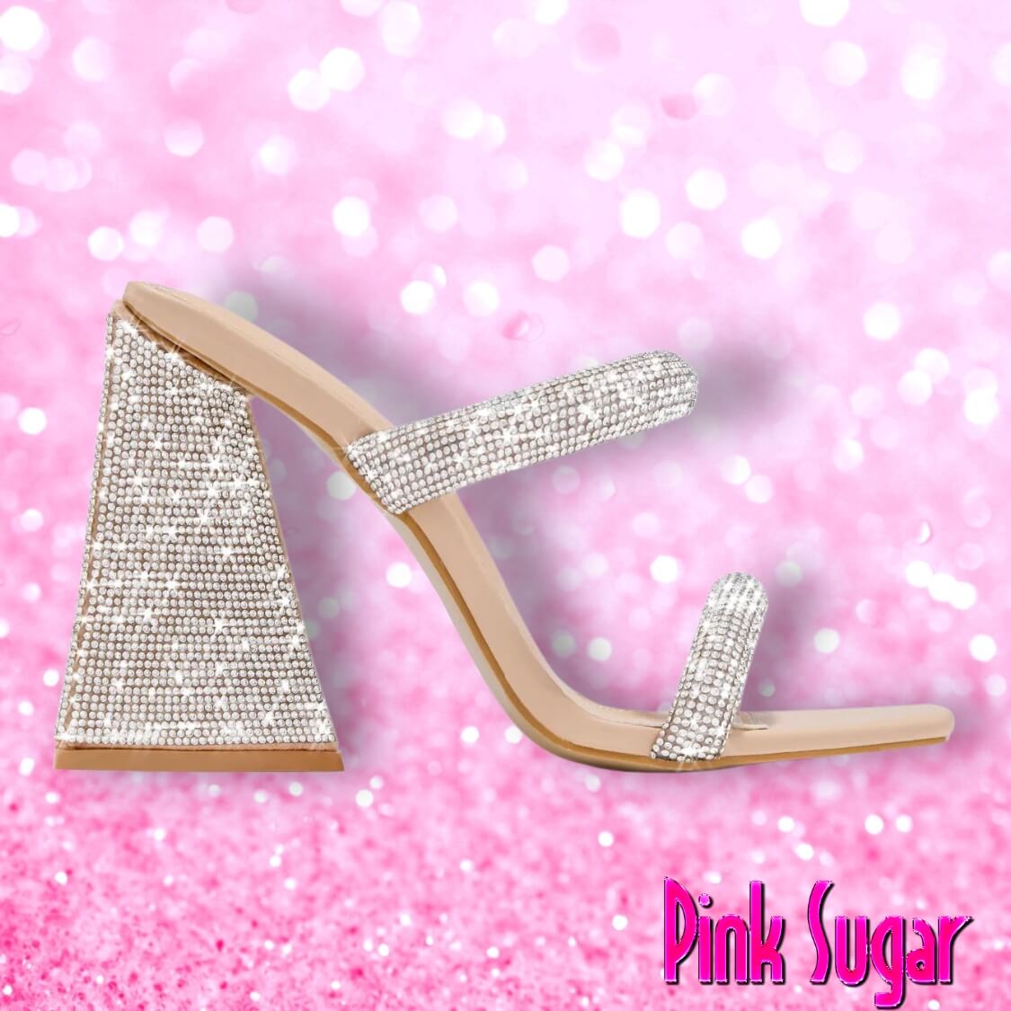 Nude Embellished Triangle Block Heel Mules