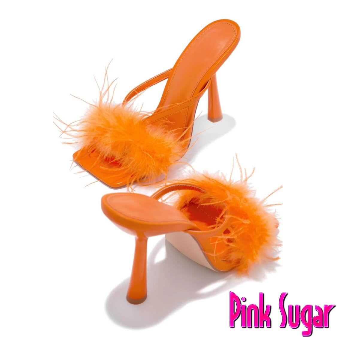 Orange Faux Feather Fur High Heel Mules