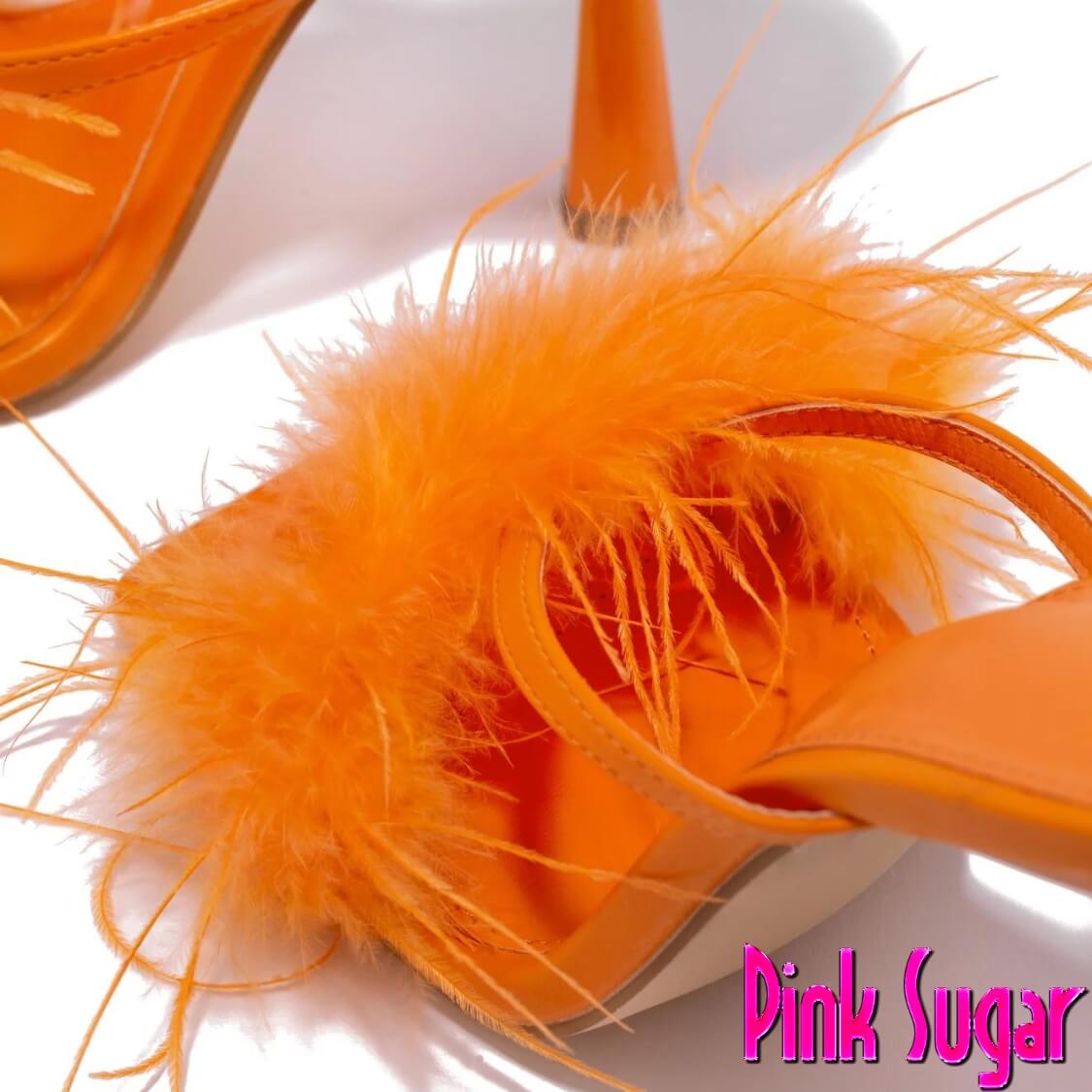 Orange Faux Feather Fur High Heel Mules