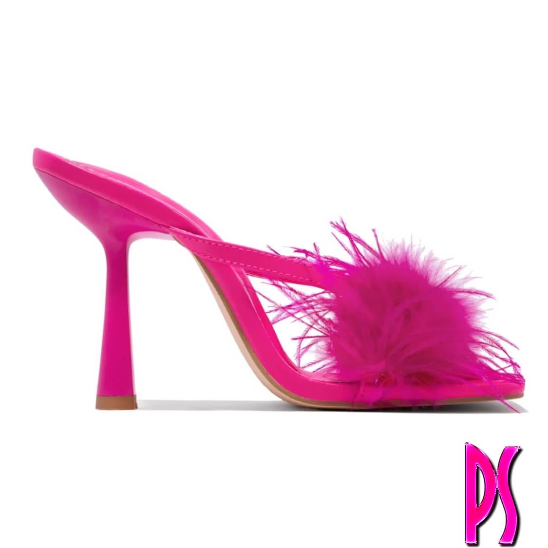 Pink Faux Feather Fur High Heel Mules