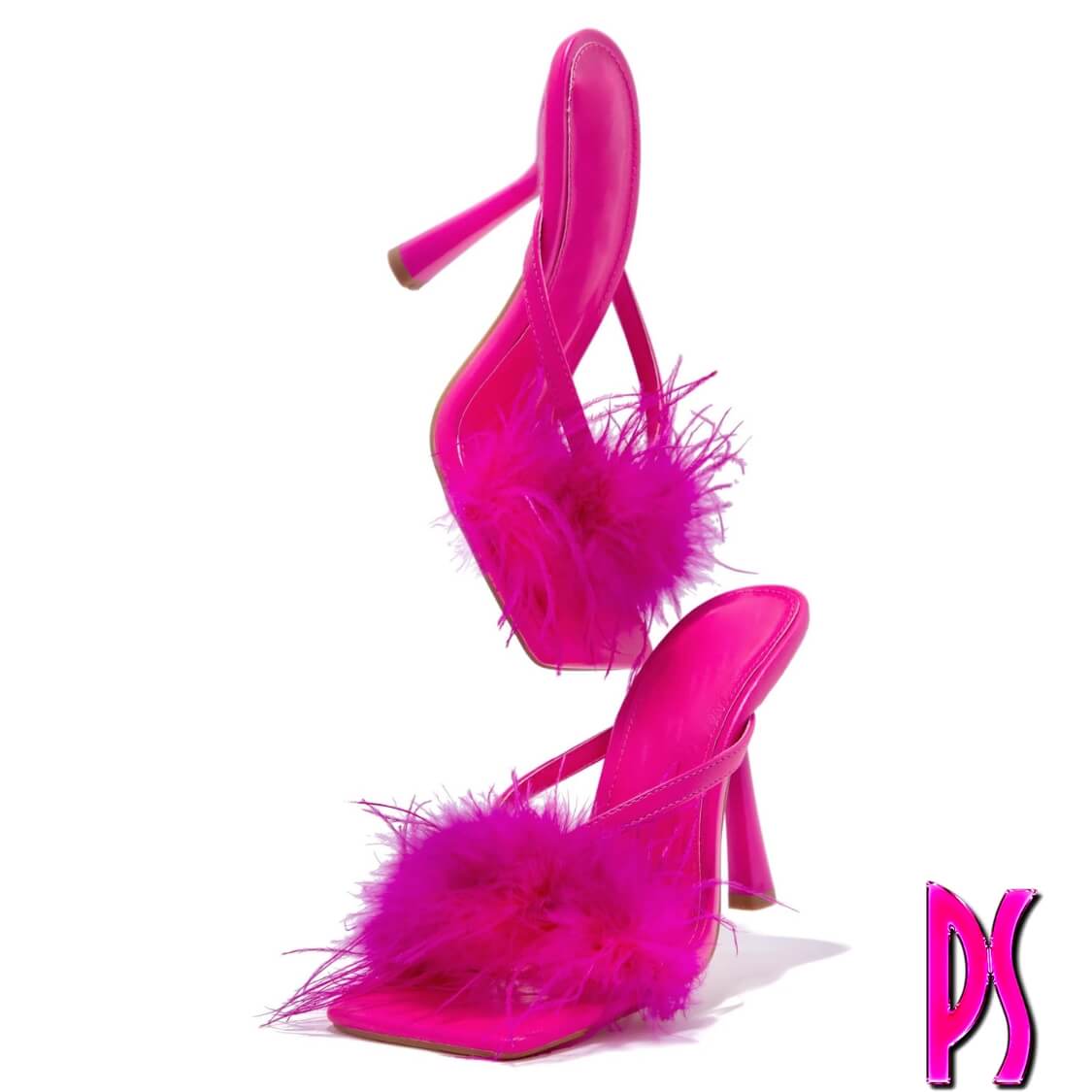 Pink Faux Feather Fur High Heel Mules