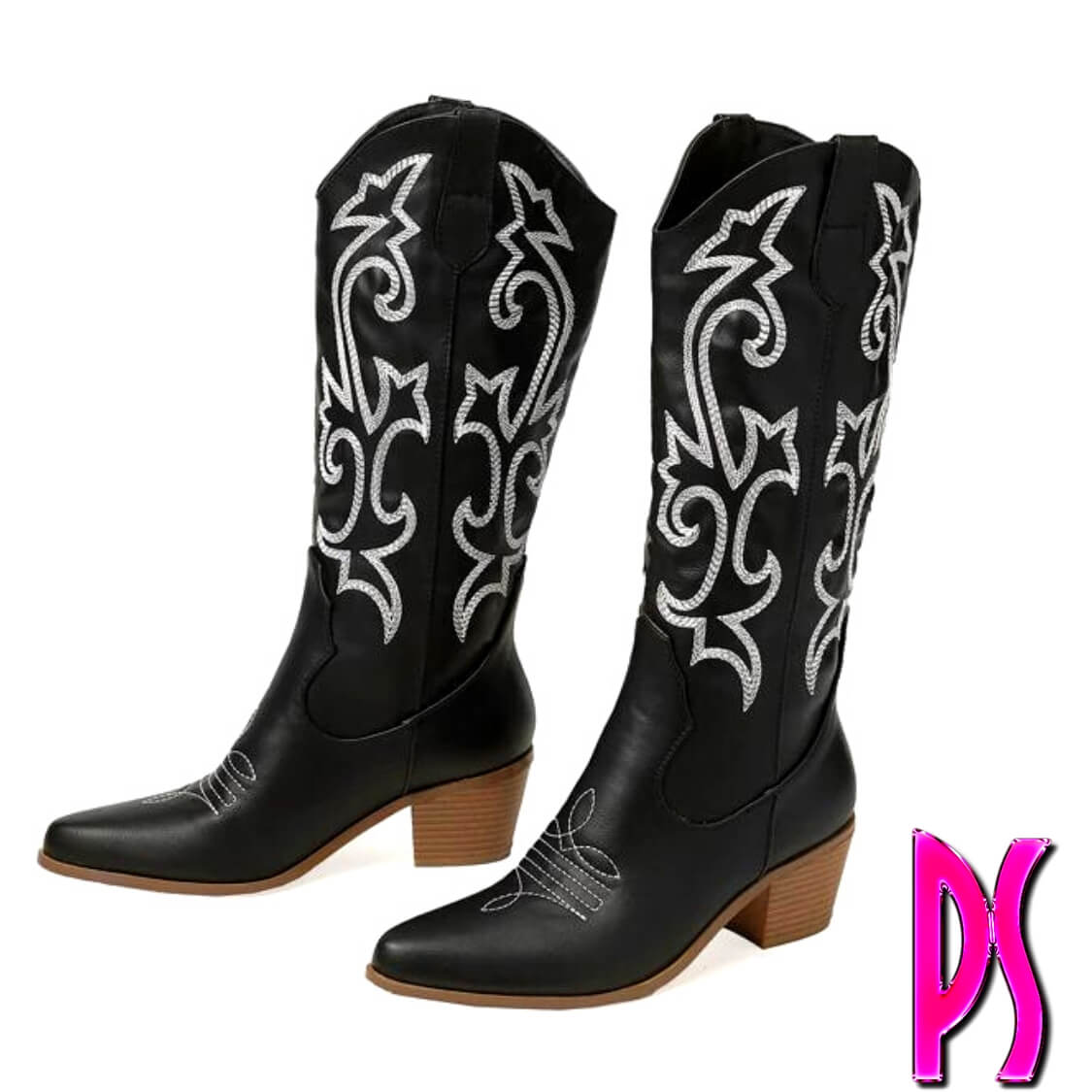 Stacked Heel Black Western Boots