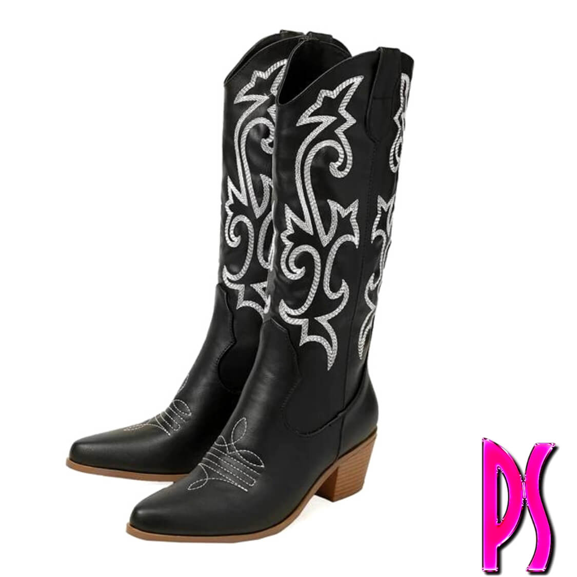 Stacked Heel Black Western Boots