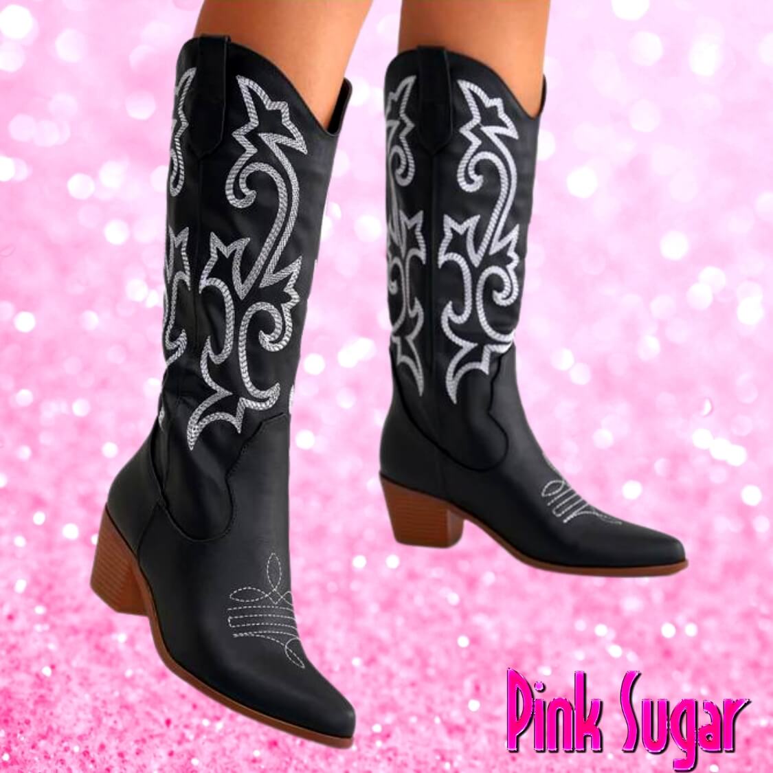 Stacked Heel Black Western Boots
