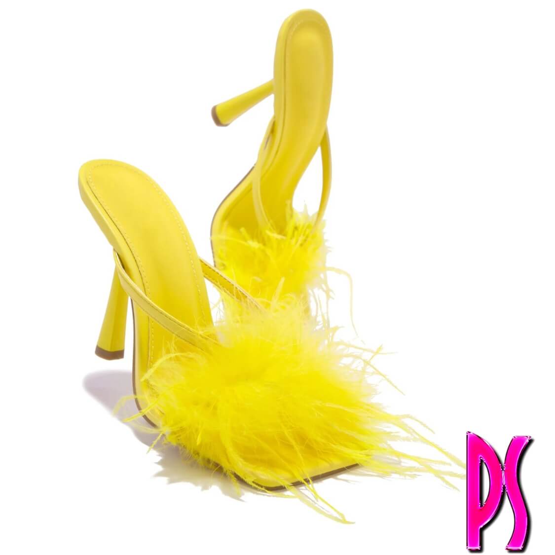 Yellow Faux Feather Fur High Heel Mules